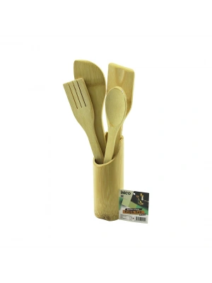 Egonex İbico İ22-195 ( 5pcs ) ( Ahşap Bambu ) Mutfak Servis Seti ( Kaşık & Çatal & 2 Pcs Spatula & Stand ) ( 27.5cm & 30cm ) ( Fileli Ambalaj )*48