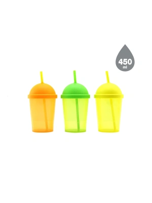 Egonex Qlux L-01020 ( Şeffaf Renkli )  Raınbow Pipetli Bardak Plastik ( 450ml )*12x10
