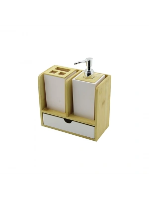 Egonex Urve Ur-3523 ( Çekmeceli & Diş Fırça Kutusu & Sabunluk ) Bambu Banyo Set ( Ahşap & Bambu Standlı )*8=k