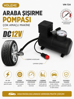 Volemi Çok Amaçlı Araç Lastik Şişirme Pompası ve Hava Kompresörü - 12V / 250 PSI