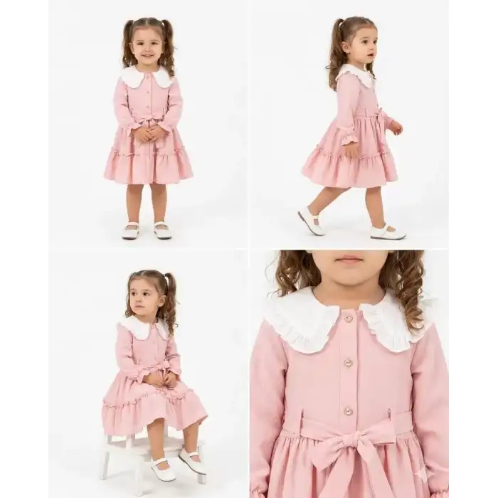 1/5 Yaş Düğme Detaylı Bebe Yaka Çocuk Elbisesi