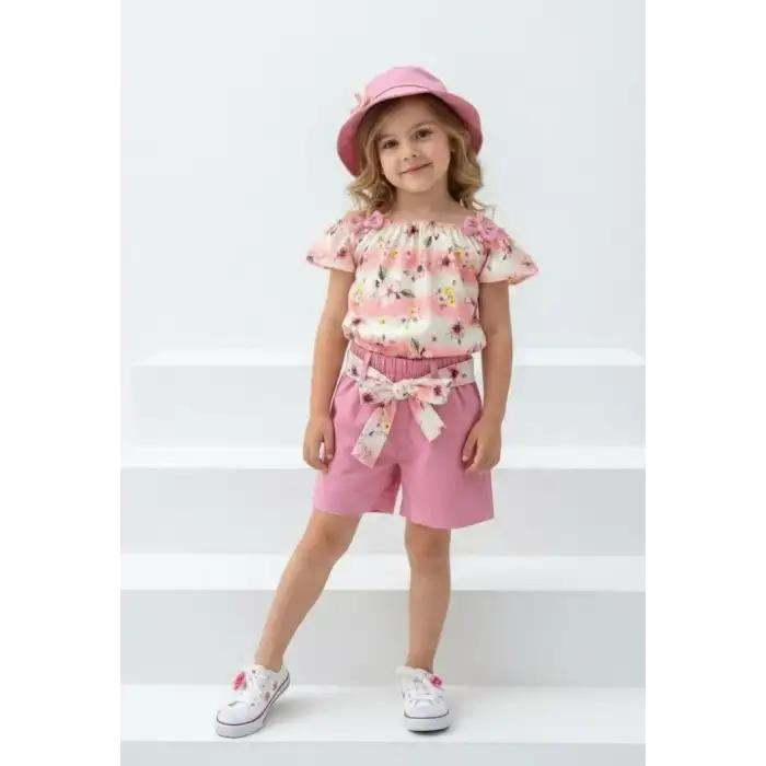 2/5 Yaş Şapkalı Çiçek Baskılı Şortlu Çocuk Takımı
