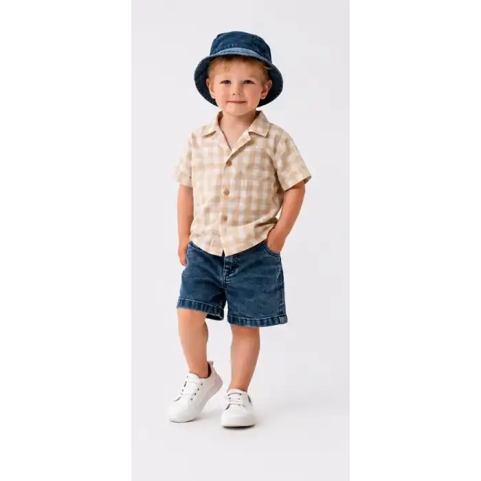2/6 Yaş Denim Şapkalı Şortlu 3lü Çocuk Takımı