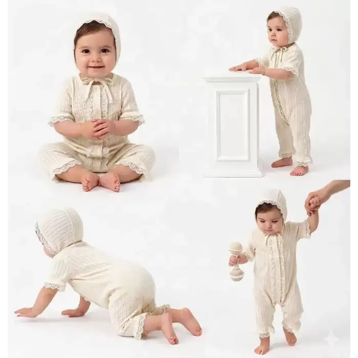 3/12 Ay Şapkalı Dantelli Jakar Kumaş Bebek Tulumu