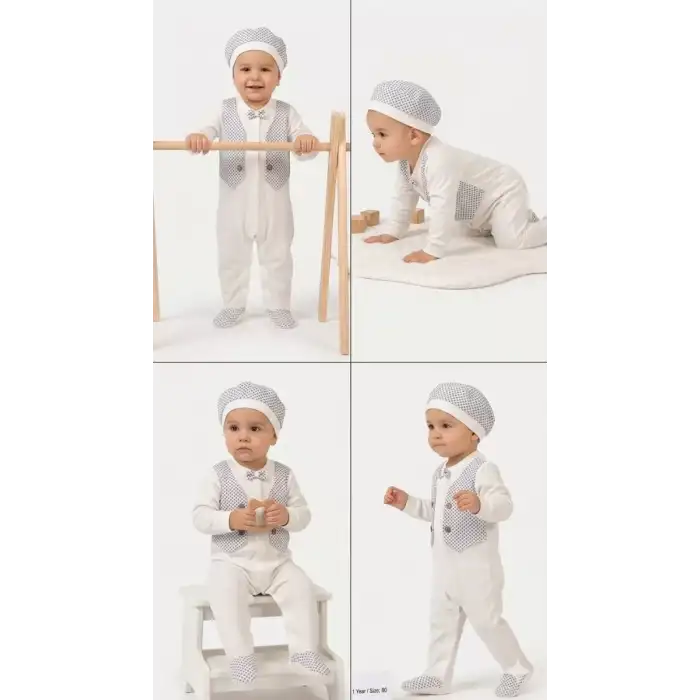 3/12 Ay Şapkalı Sahte Yelekli Bebek Tulumu