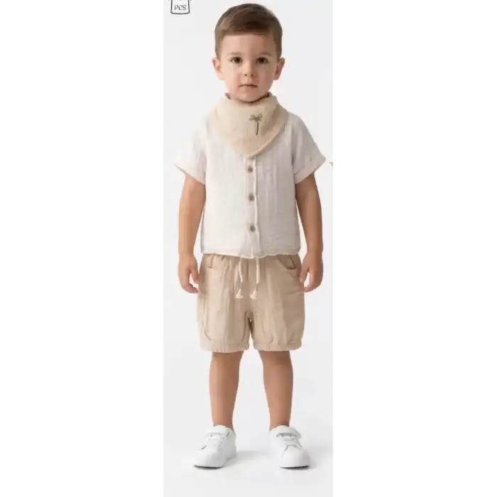 6/24 Ay Fularlı Müslin Kumaş 3lü Bebek Takımı