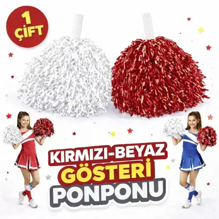 AsilTech 1 Çift Kırmızı - Beyaz Okul Gösteri Ponponları - Ekstra Dolgun