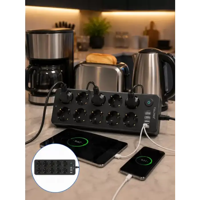 AsilTech 10lu Çoklu Priz USB ve Type-C Şarj Girişli Akım Korumalı Grup Priz