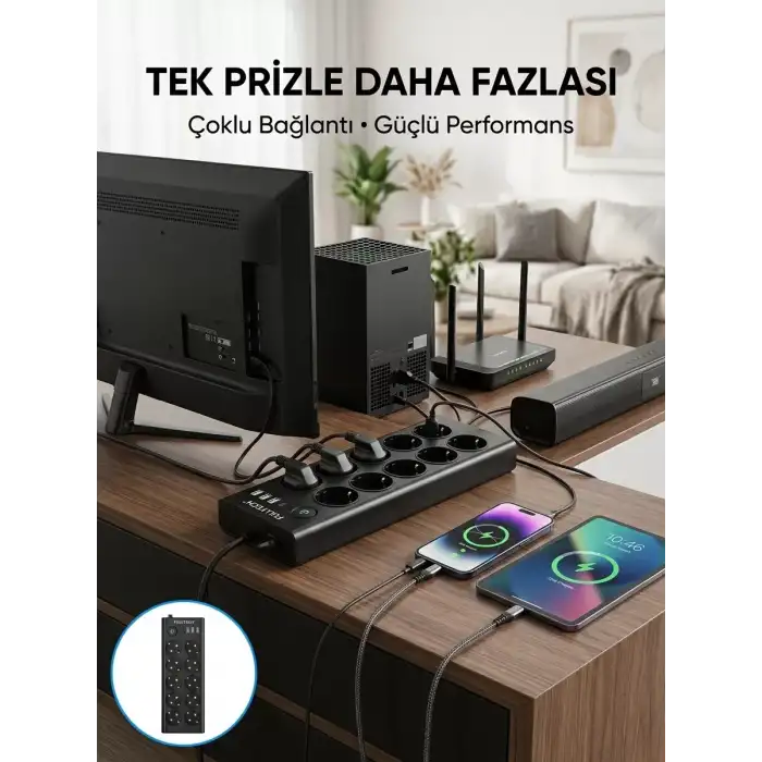 AsilTech 10 Prizli USB Destekli Çoklu Priz Type-C Şarj Girişli Güvenli Güç Ünitesi