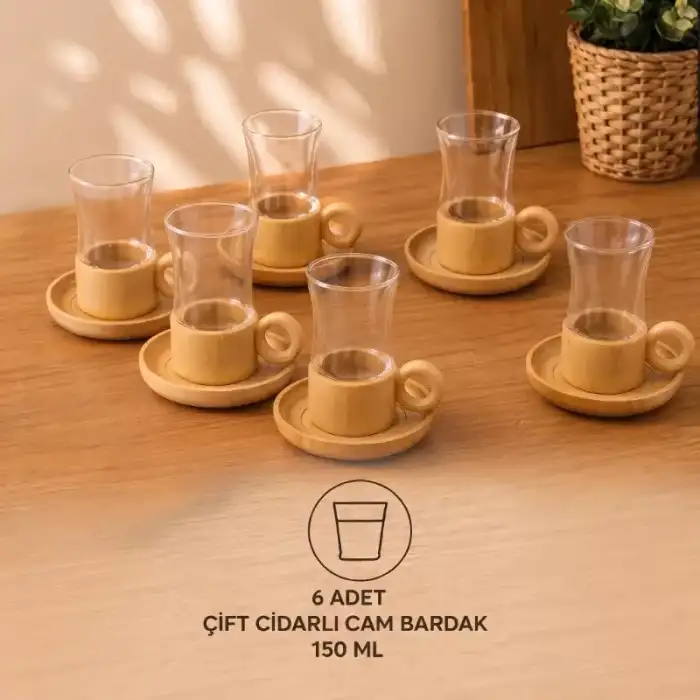 AsilTech 12 Parça Çay Seti - Bambu Bardak Altığı - Çift Cidarlı Cam - 150 ml