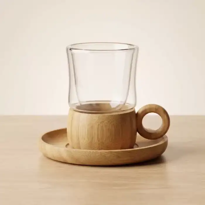 AsilTech 12 Parça Çay Seti - Bambu Bardak Altığı - Çift Cidarlı Cam - 150 ml