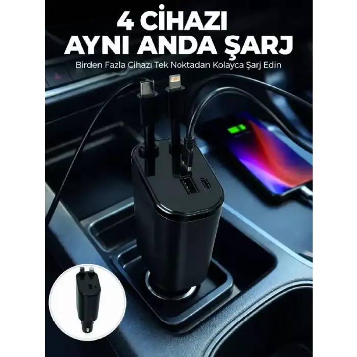 AsilTech 120W Hızlı Şarj Destekli 4ü 1 Arada Araç Şarj Cihazı Type-C, Lightning, USB ve USB-C Çıkışlı