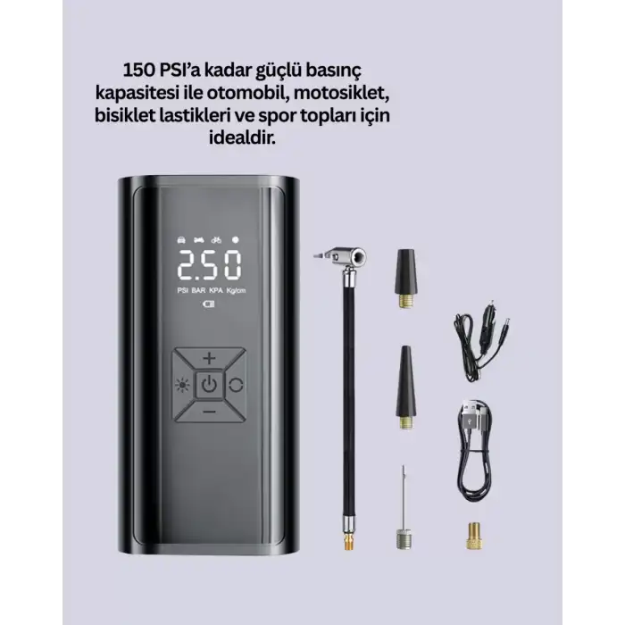 AsilTech 12V Uyumlu Çok İşlevli Akıllı Araç Lastik Pompası