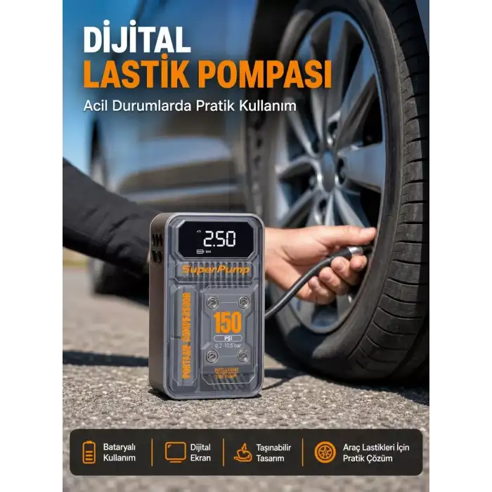 AsilTech 150 PSI Kablosuz Dijital Ekranlı Taşınabilir Araç Lastik Pompası