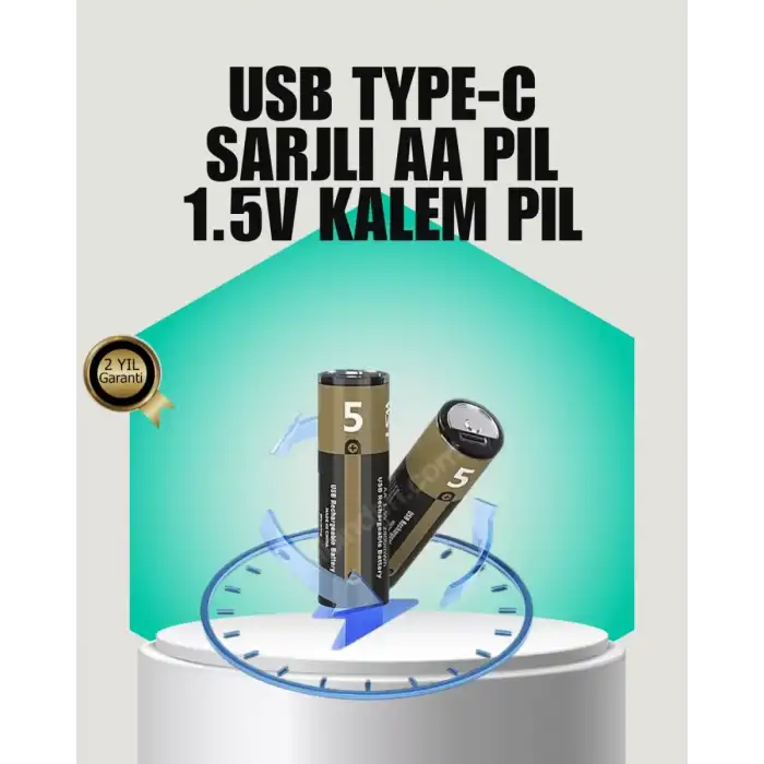 AsilTech 1.5V AA Şarjlı Lityum Pil | 1000+ Kez Şarj Edilebilir | Hızlı Type-C Şarj (2 Adet)