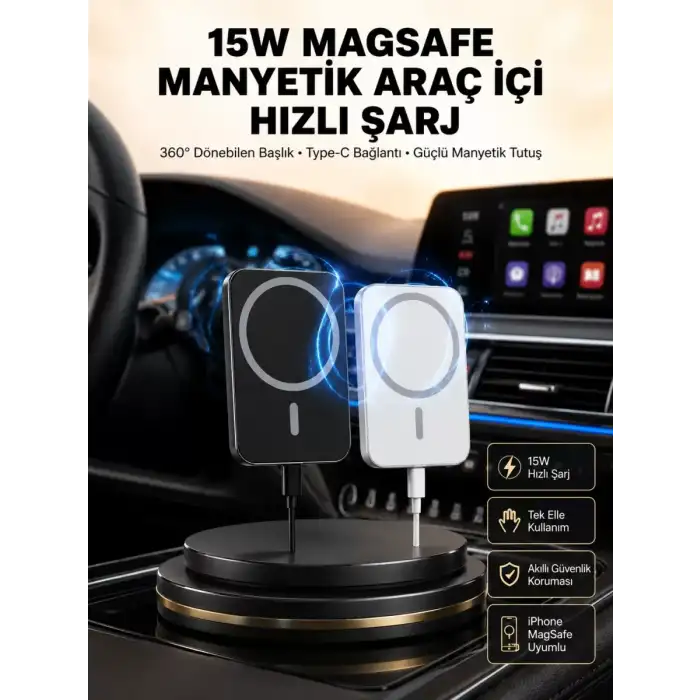 AsilTech 15W Kablosuz Şarj Destekli MagSafe Araç Tutucu Havalandırma Klipsli