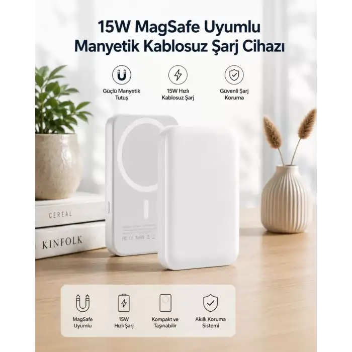 AsilTech 15W MagSafe Uyumlu Manyetik Kablosuz Powerbank 5000 mAh
