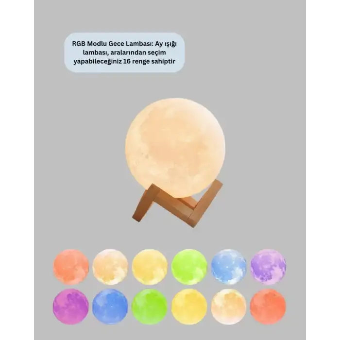 AsilTech 16 Renkli 3D Ay Gece Lambası RGB Modlu Şarjlı
