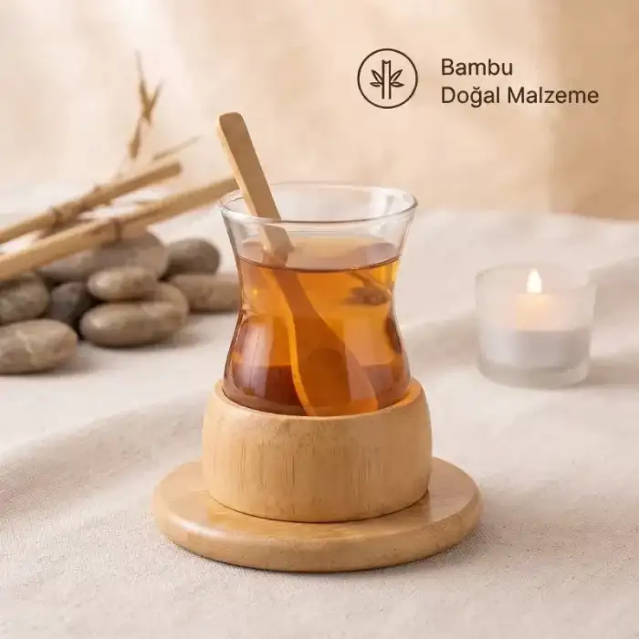 AsilTech 18 Parça Bambu Çay Seti - 6 Çay Bardağı - Borosilikat Cam