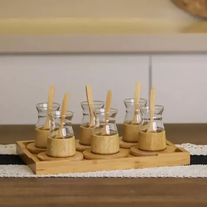 AsilTech 18 Parça Bambu Çay Seti - 6 Çay Bardağı - Borosilikat Cam