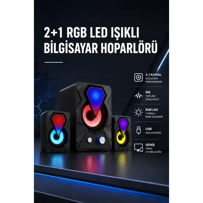 AsilTech 2+1 RGB LED Işıklı Güçlü Bas Sistemli Bilgisayar Hoparlörü