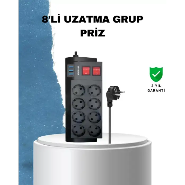 AsilTech 2 Metre Güçlü Çoklu Priz 8 Soket