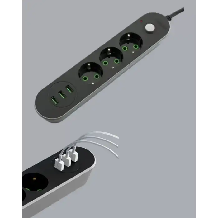 AsilTech 2 Metre Kablolu 3 USB Portlu Anahtarlı Üçlü Priz