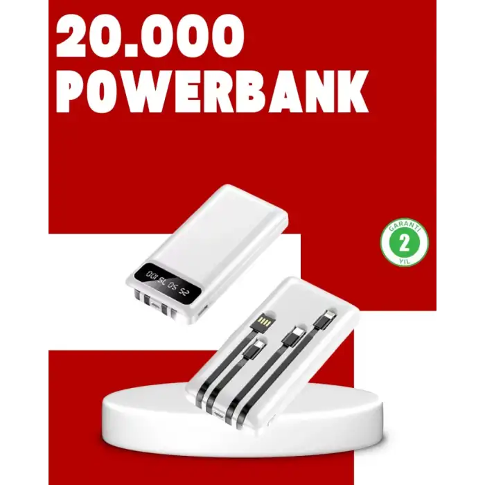 AsilTech 20.000mAh PD Powerbank LED Işık LCD Ekran Dahili Kablo Çoklu Giriş