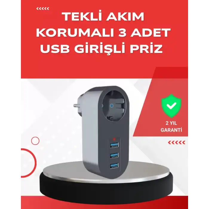 AsilTech 2500W Güç Destekli Akım Korumalı Priz – 3 USB Çıkışlı
