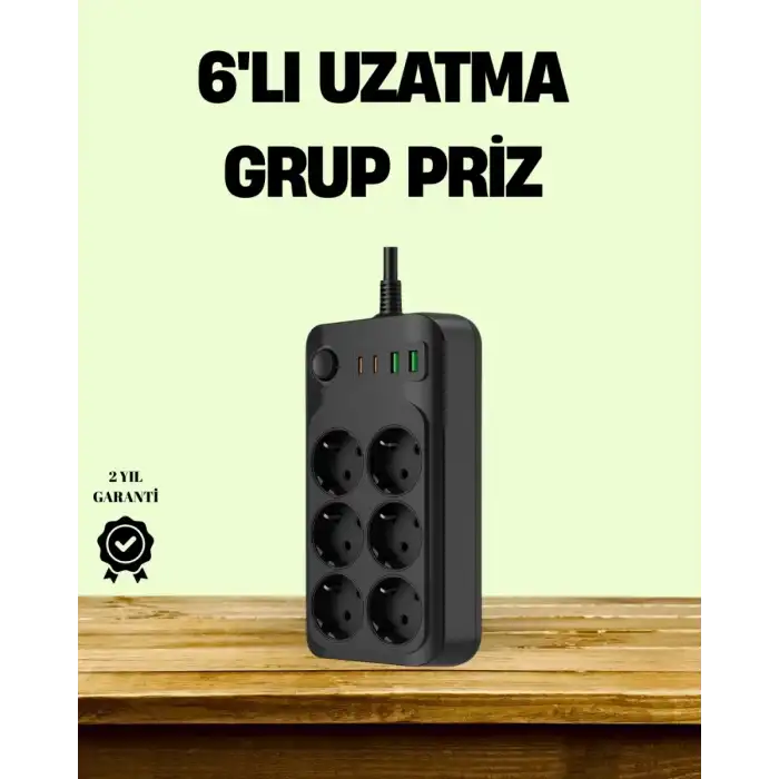 AsilTech 2500W Güçlü 6’lı Priz USB ve Type-C Çıkışlı Termal Korumalı