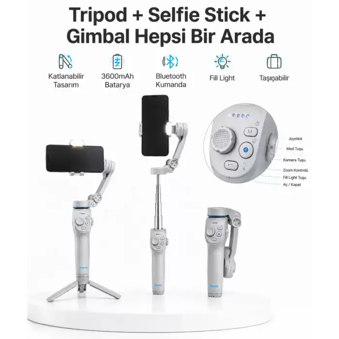 AsilTech 3 Eksen Telefon Gimbal Stabilizer Yapay Zeka Takipli Katlanabilir Dahili Dolgu Işıklı Video Sabitleyici