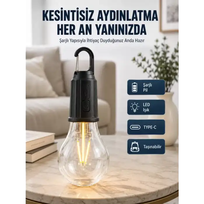 AsilTech 3 Farklı Mod LEDli Şarjlı Asma Kancalı Kamp Lambası Taşınabilir Ampul