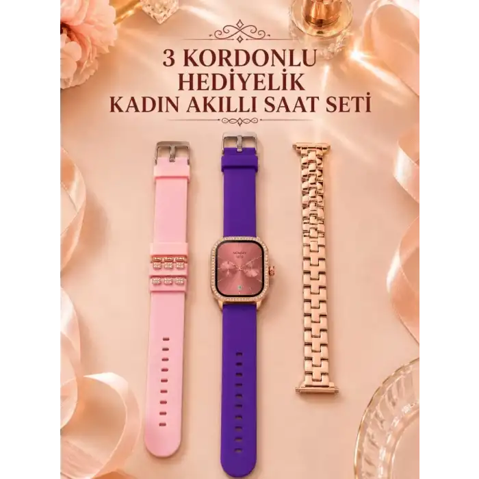 AsilTech 3 Kordonlu Rose Gold Kasalı Kadın Akıllı Saat Seti