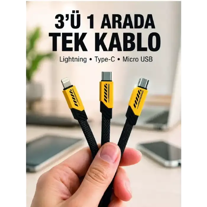 AsilTech 3lü Şarj Kablosu Hızlı Şarj Destekli Dayanıklı Örgü USB Kablo