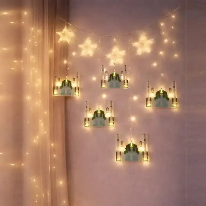 AsilTech 3 mt Fişli Yeşil Cami Yıldız Ramazan Perde LED