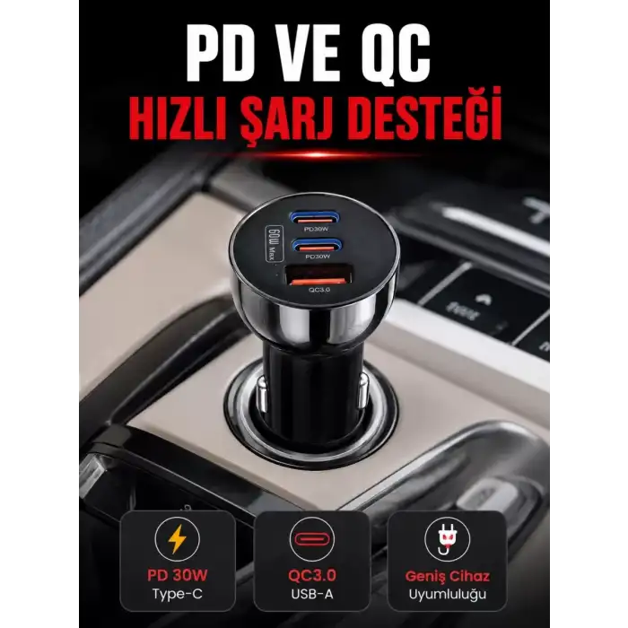 AsilTech 3 Portlu Araç İçi Şarj Adaptörü Çift PD Type-C ve QC3.0 USB Çıkışlı