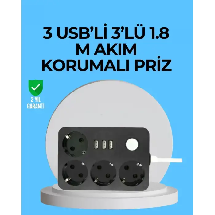AsilTech 3 USB Çıkışlı 4’lü Akıllı Priz 2500W 2 Metre Kablo