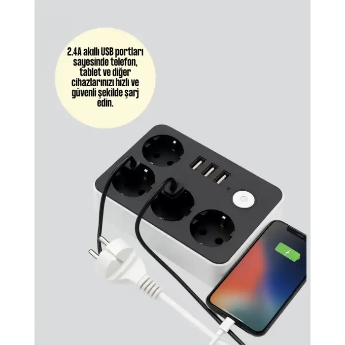 AsilTech 3 USB Çıkışlı 4’lü Akıllı Priz 2500W 2 Metre Kablo