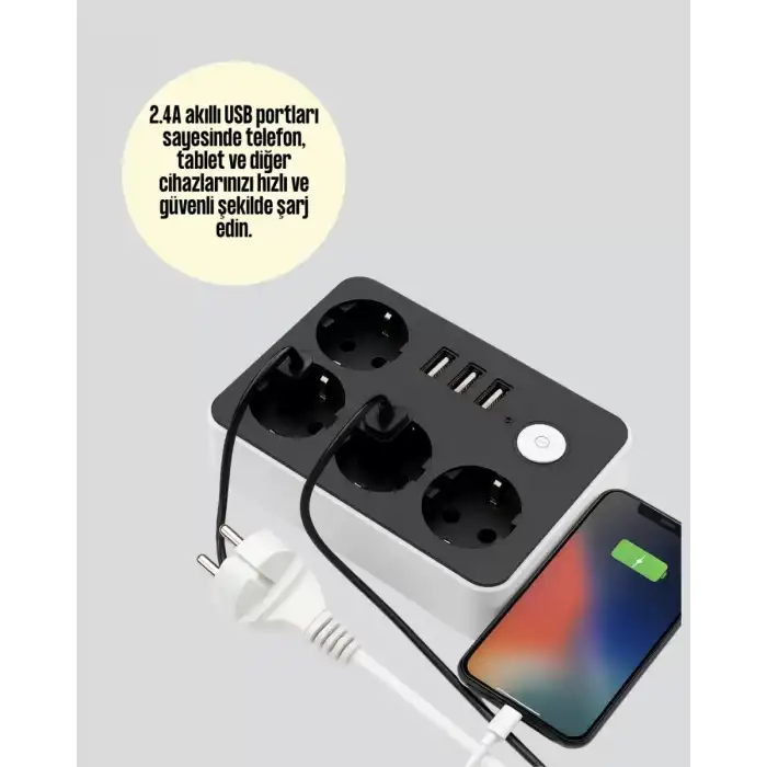 AsilTech 3 USB Çıkışlı 4’lü Akıllı Priz 2500W 2 Metre Kablo