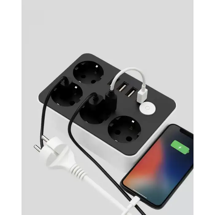 AsilTech 3 USB Çıkışlı 4’lü Akıllı Priz 2500W 2 Metre Kablo