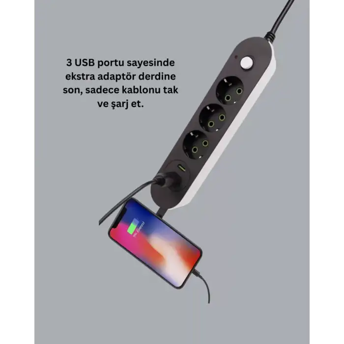 AsilTech 3 USB Çıkışlı Hızlı Şarjlı Anahtarlı Üçlü Priz