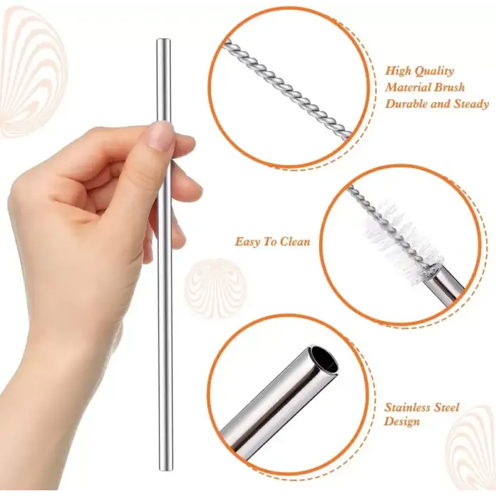 AsilTech 31 cm Ekstra Uzun Paslanmaz Çelik Pipet Seti – 3 Parça (Eğri + Düz + Fırça)