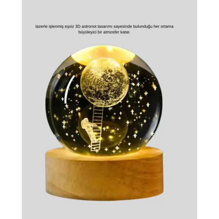 AsilTech 3D Astronot Kristal Küre Gece Lambası USB Ahşap Standlı Dekoratif Işık