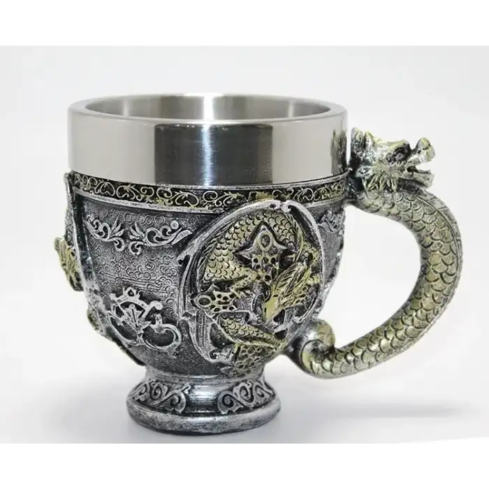 AsilTech 3D Ejderha Figürlü Kabartmalı Paslanmaz Çelik Kupa Bardak