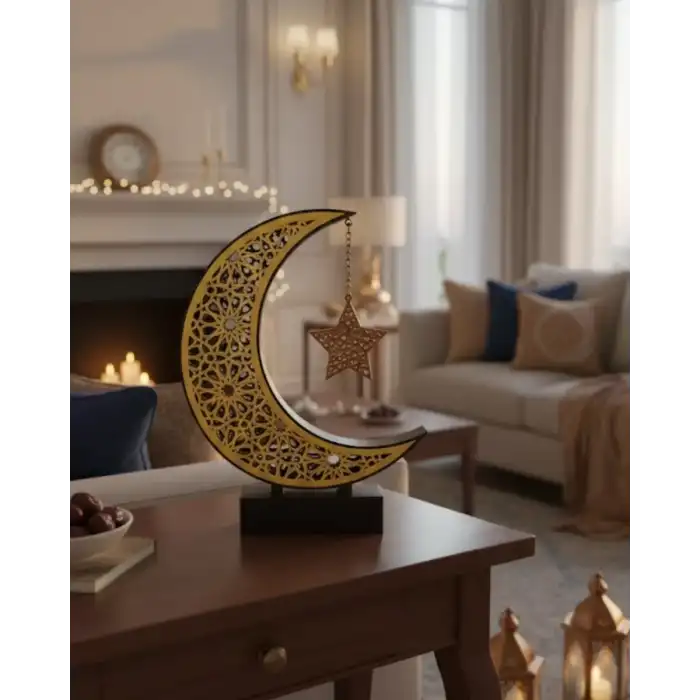 AsilTech 3D Hilal Yıldız Dekor 23x23 cm Ramazan Özel Masa Üstü Süs