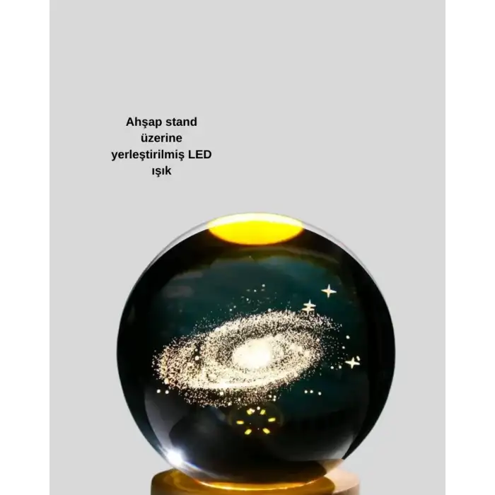 AsilTech 3D Samanyolu Galaksi Kristal Küre USB LED Işıklı Ahşap Standlı Gece Lambası
