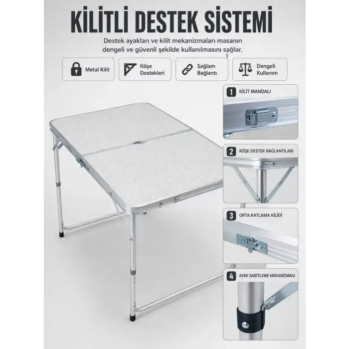 AsilTech 4 Kişilik Katlanabilir Kamp Masası Seti 4 Tabureli 50-65 cm Ayarlanabilir Yükseklik