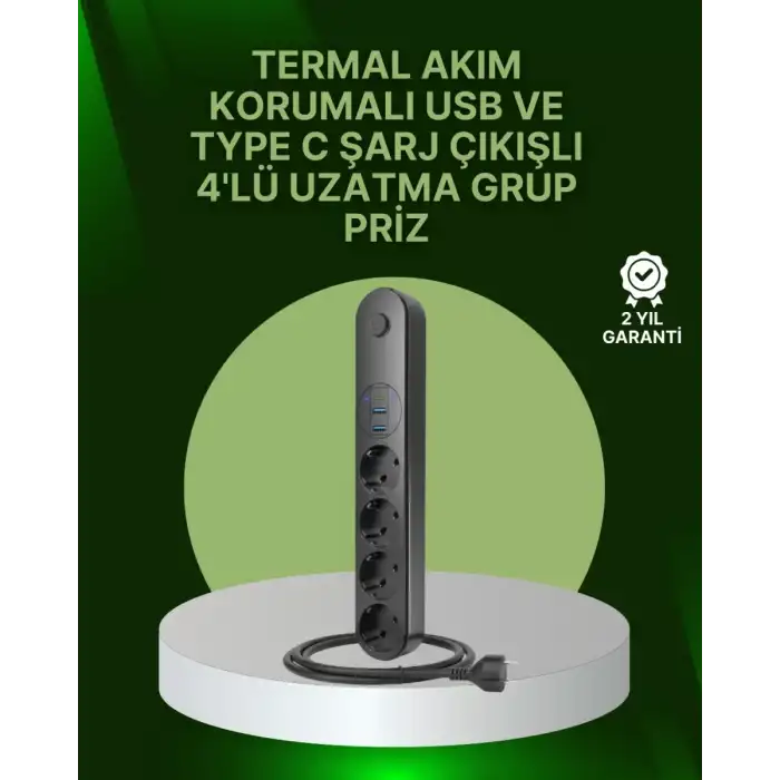 AsilTech 4 Priz 2 USB 1 Type-C Akım Korumalı Çoklu Priz Led Anahtarlı