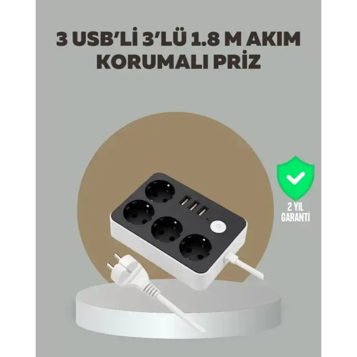 AsilTech 4 Prizli 3 USB Portlu Anahtarlı Akım Korumalı Priz