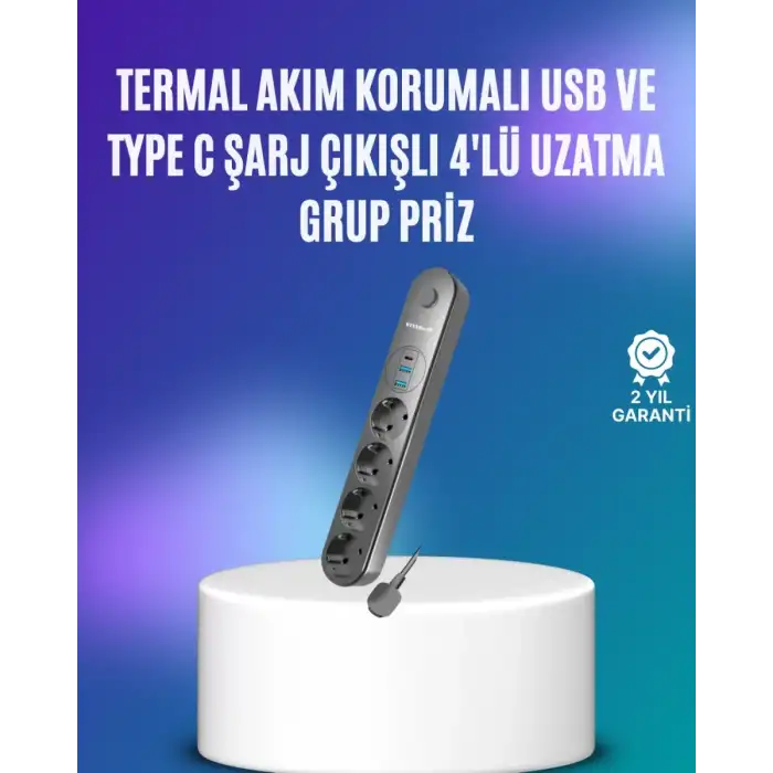 AsilTech 4’lü Çoklu Priz 2 USB Type-C Girişli Akım Korumalı Siyah